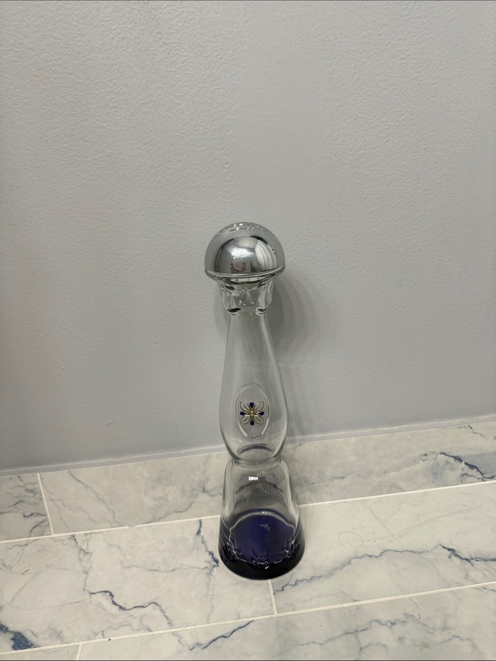 Glass Decorative Sculpture with Silver Cap - Blue Accent